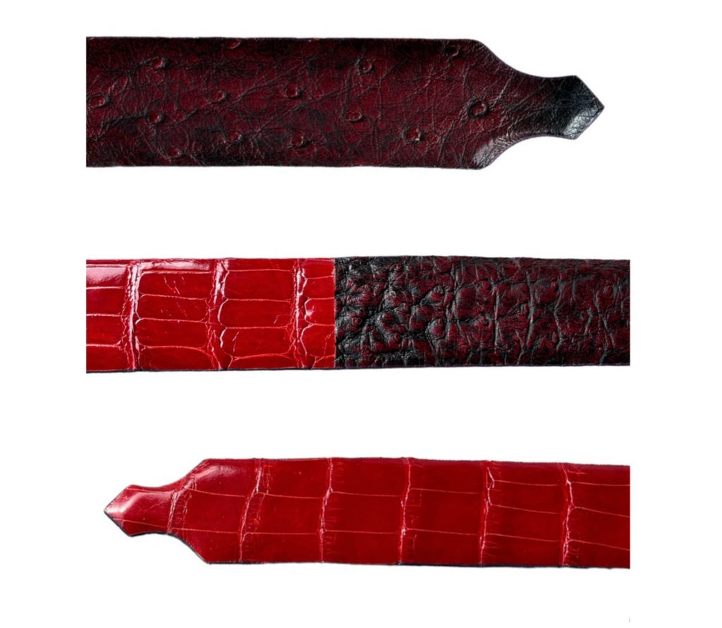 Hoffman Leather Burgundy Brushoff Ostrich/ Red Glazed Alligator Hatband.