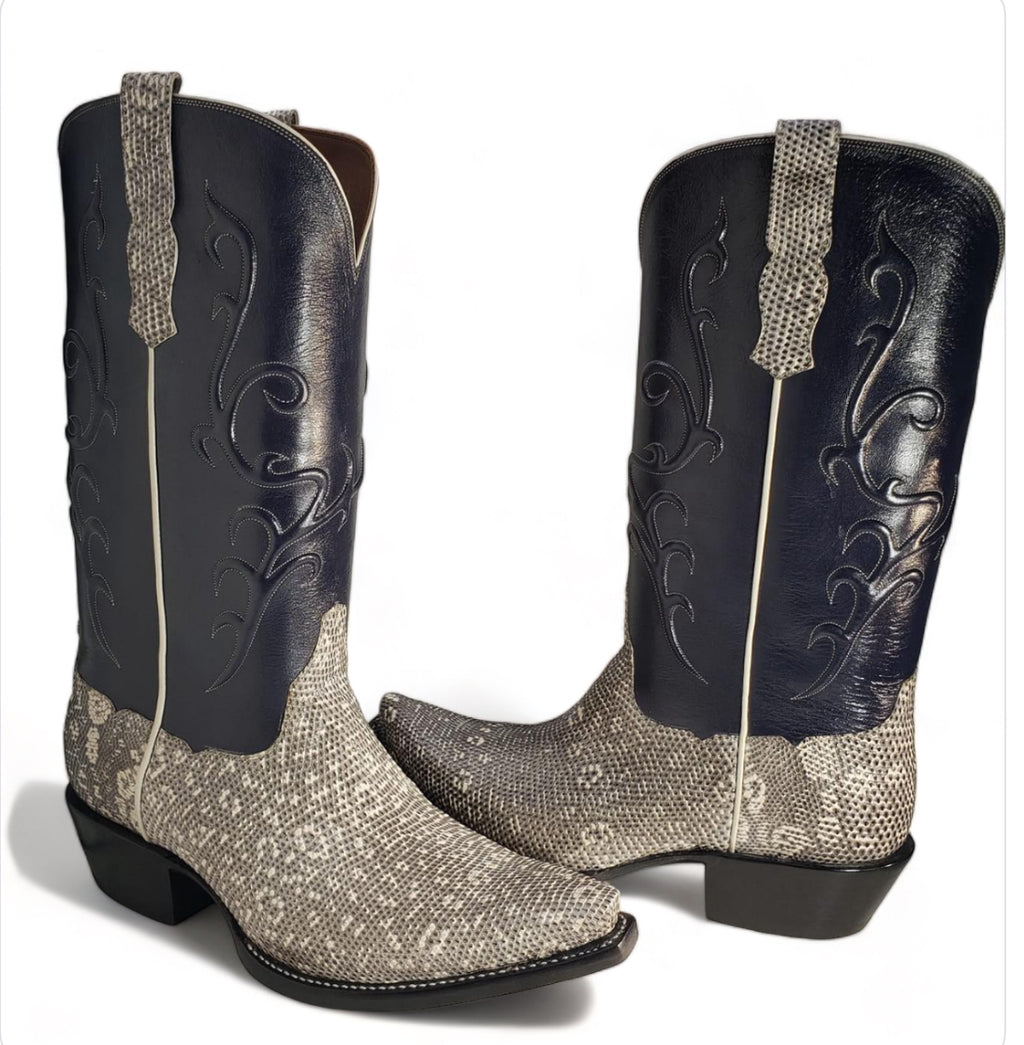 Hoffman Leather Natural Ringtail Lizard with Black Calf Barrels Western Boots